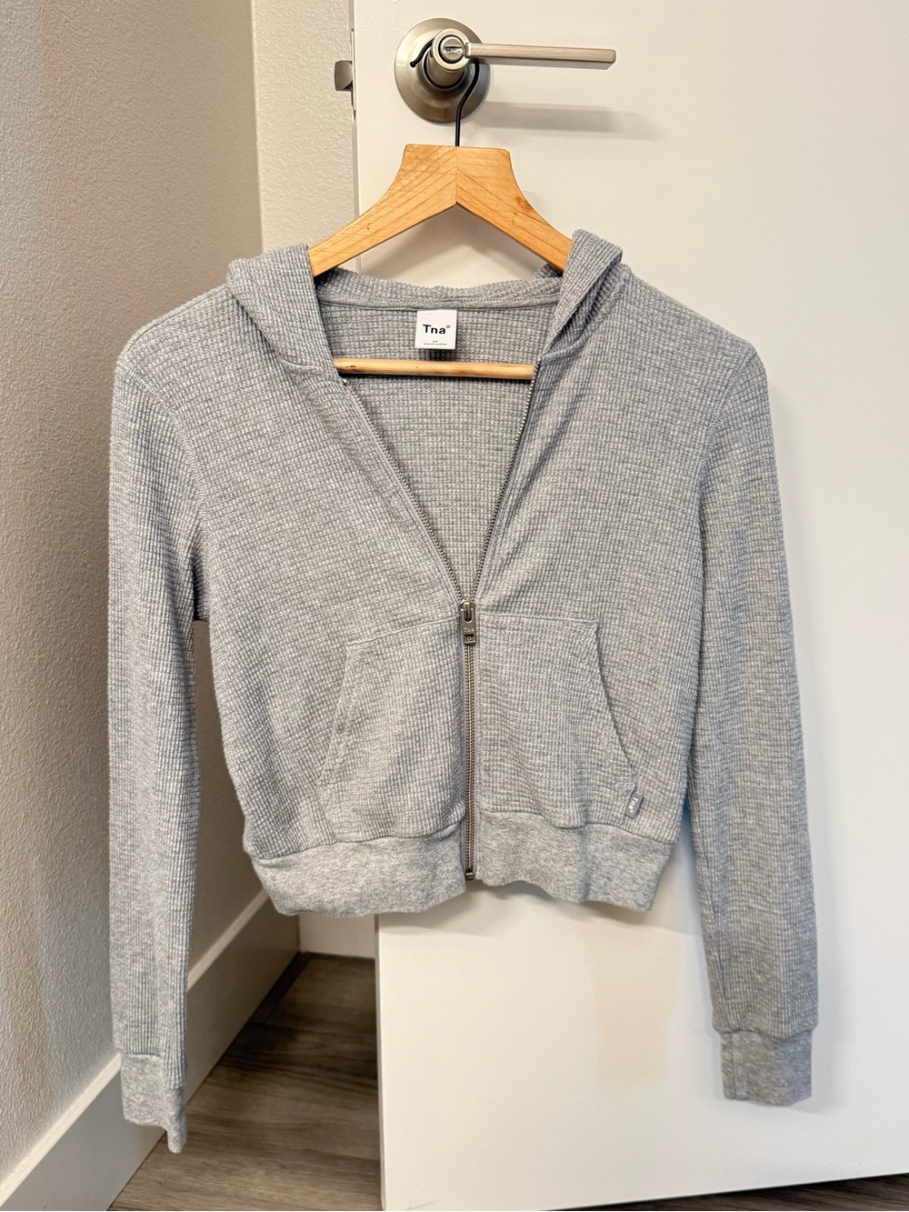 Aritzia TNA Light Gray Cropped Waffle Zip Hoodie